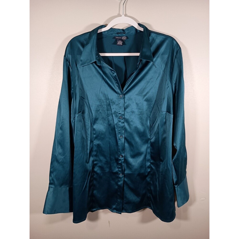 Vintage Venezia Y2K Satin Blouse Womens Button Down Plus Size 22 / 24 90s Teal